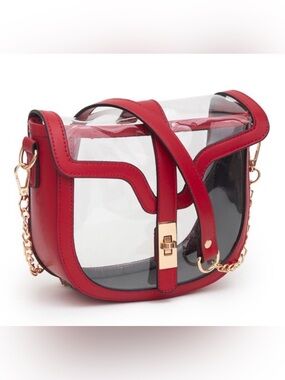 Clear and Red Tote Bag w/ Vegan Leather Trim & Removable Twist Lock Buckle